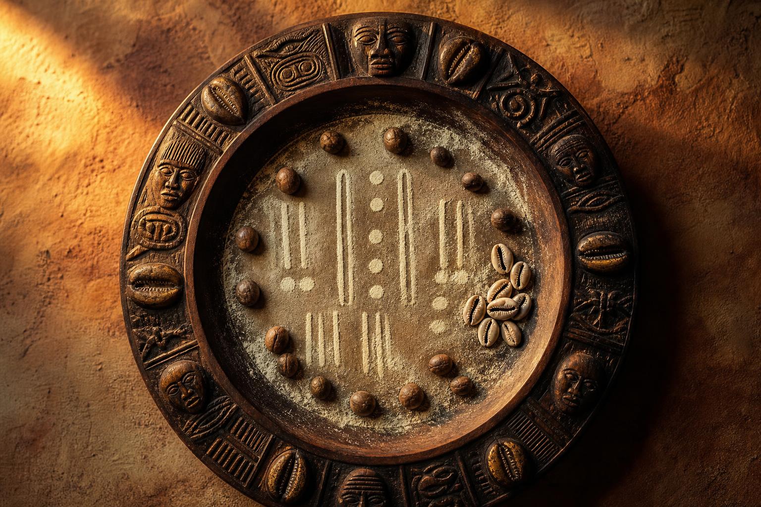 A hand-carved Yoruba Opón Ifá divination tray dusted with iyerosun, marked with a freshly drawn Odù, surrounded by ikin palm nuts and cowrie shells